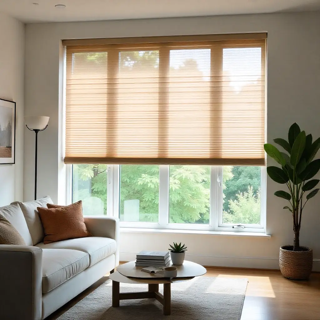 Elegant window blinds in modern living room  